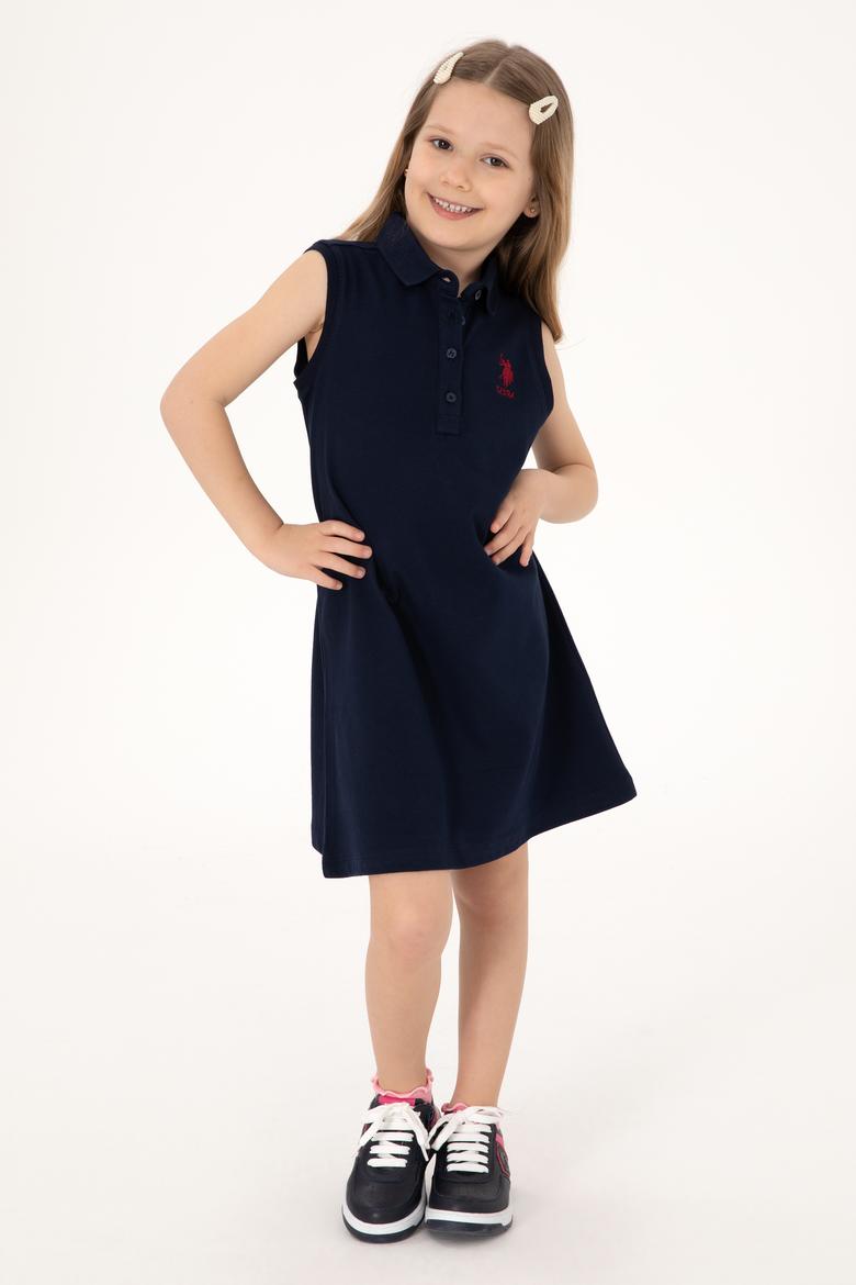 Kız Çocuk Lacivert Polo Yaka Kolsuz A-Form Basic Örme Elbise
