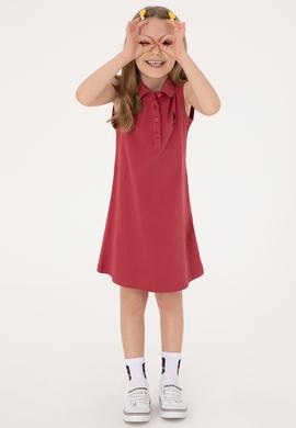 Kız Çocuk Vişne Polo Yaka Kolsuz A-Form Basic Örme Elbise - 50306052093