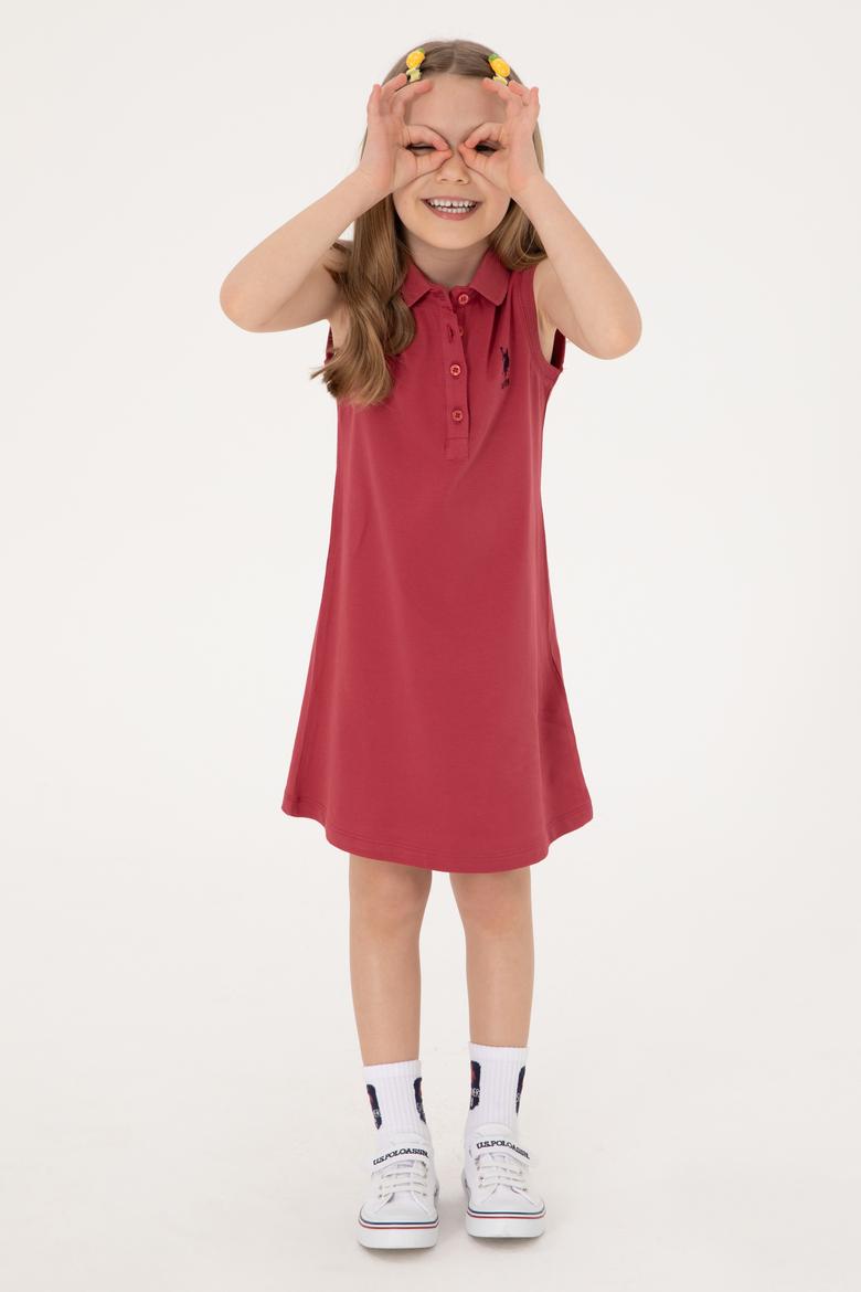 Kız Çocuk Vişne Polo Yaka Kolsuz A-Form Basic Örme Elbise - 50306052093