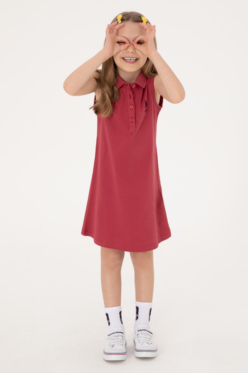 Kız Çocuk Vişne Polo Yaka Kolsuz A-Form Basic Örme Elbise