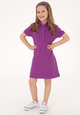 Kız Çocuk Menekşe Polo Yaka Kısa Kol A-Form Basic Örme Elbise - 50306051099