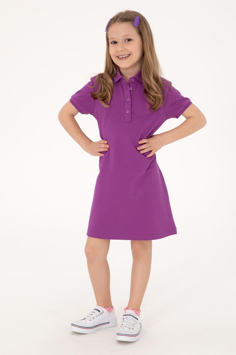 Kız Çocuk Menekşe Polo Yaka Kısa Kol A-Form Basic Örme Elbise