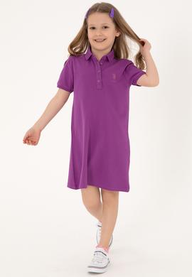 Kız Çocuk Menekşe Polo Yaka Kısa Kol A-Form Basic Örme Elbise - 50306051099