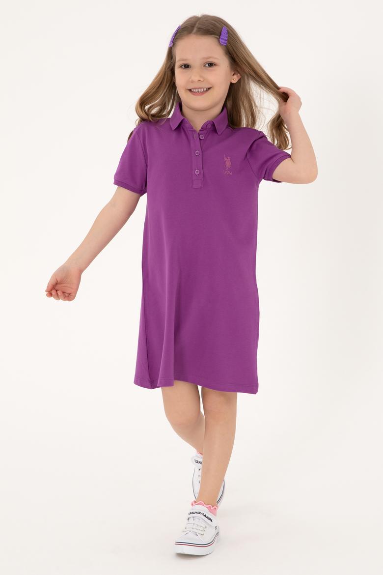 Kız Çocuk Menekşe Polo Yaka Kısa Kol A-Form Basic Örme Elbise