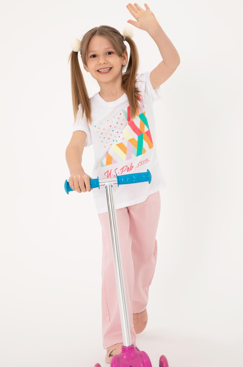 Kız Çocuk Beyaz Bisiklet Yaka Pamuk Renkli Simli Baskılı Tişört