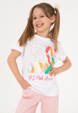 Kız Çocuk Beyaz Bisiklet Yaka Pamuk Renkli Simli Baskılı Tişört - 50306241001