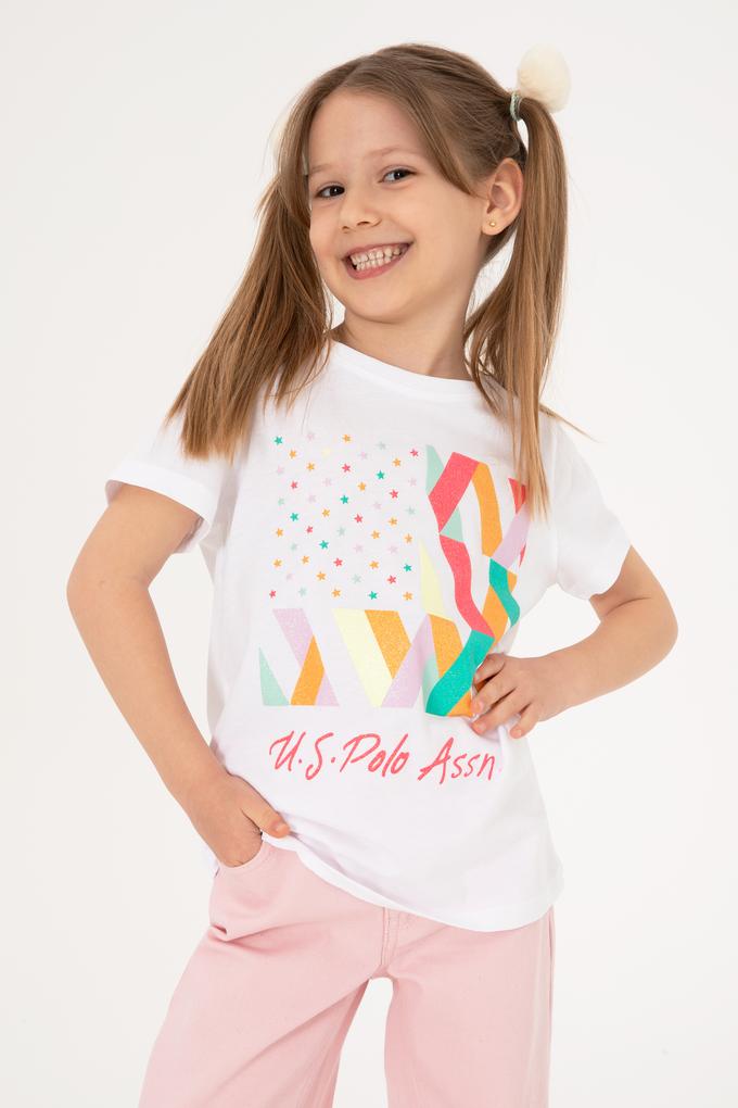 Kız Çocuk Beyaz Bisiklet Yaka Pamuk Renkli Simli Baskılı Tişört