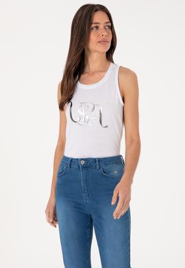 Kadın Beyaz Kolsuz Bisiklet Yaka Tişört - 50305609022