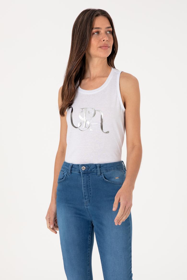 Kadın Beyaz Kolsuz Bisiklet Yaka Tişört - 50305609022