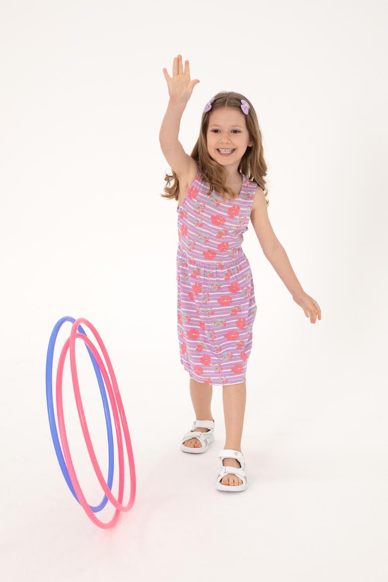 Kız Çocuk Lila Bisiklet Yaka A-Form Desenli Örme Elbise