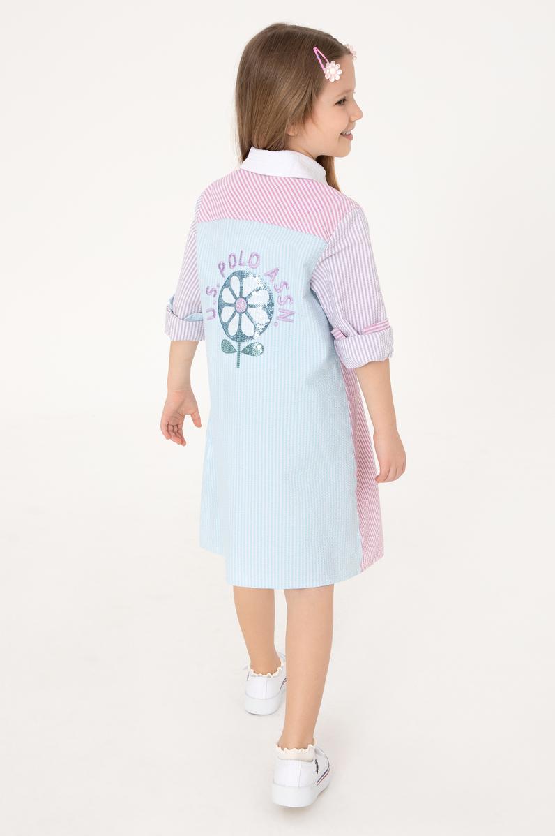 Kız Çocuk Renkli Uzun Kol Polo Yaka Payet Detaylı Dokuma Elbise