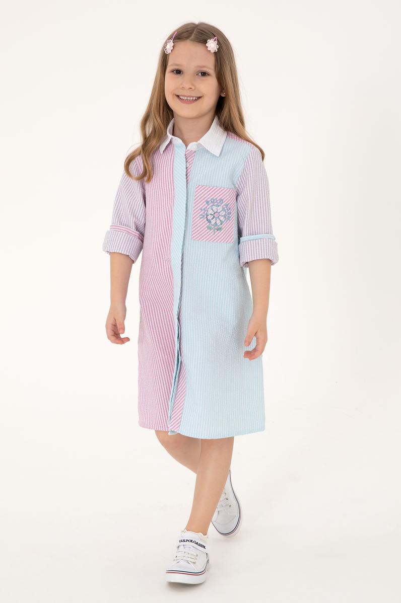 Kız Çocuk Renkli Uzun Kol Polo Yaka Payet Detaylı Dokuma Elbise