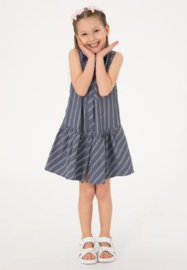 Kız Çocuk Lacivert Polo Yaka Kolsuz Çizgili Dokuma Elbise - 50306587001
