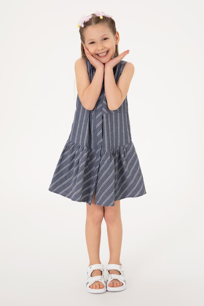 Kız Çocuk Lacivert Polo Yaka Kolsuz Çizgili Dokuma Elbise