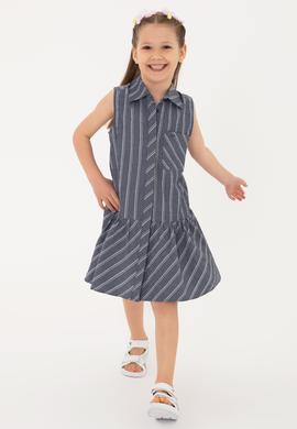 Kız Çocuk Lacivert Polo Yaka Kolsuz Çizgili Dokuma Elbise - 50306587001