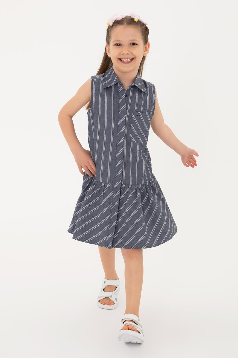 Kız Çocuk Lacivert Polo Yaka Kolsuz Çizgili Dokuma Elbise