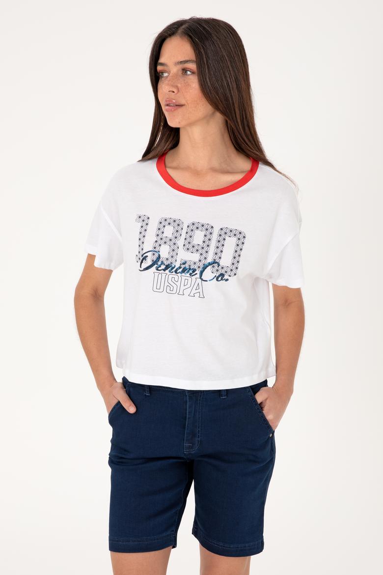 Kadın Beyaz Bisiklet Yaka Tişört - 50299732005