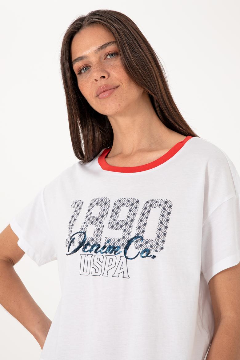 Kadın Beyaz Bisiklet Yaka Tişört - 50299732005