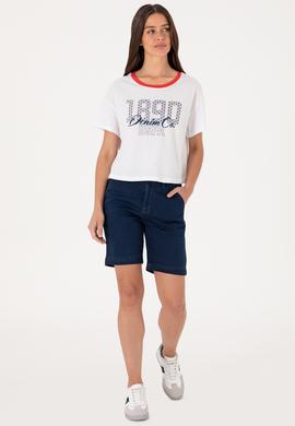 Kadın Beyaz Bisiklet Yaka Tişört - 50299732005