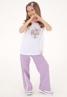 Kız Çocuk Beyaz Bisiklet Yaka Pamuk Çiçek Baskılı Tişört - 50306170010