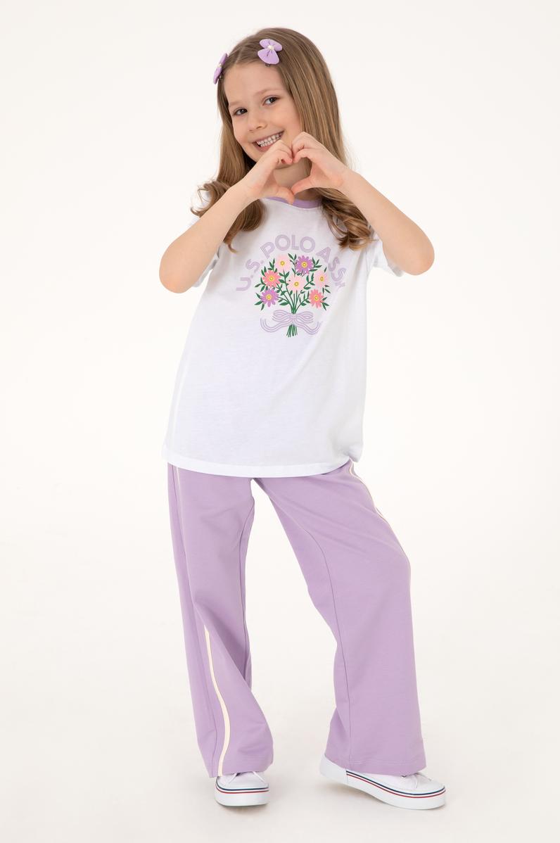 Kız Çocuk Beyaz Bisiklet Yaka Pamuk Çiçek Baskılı Tişört