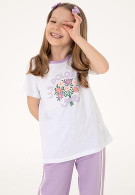 Kız Çocuk Beyaz Bisiklet Yaka Pamuk Çiçek Baskılı Tişört - 50306170010