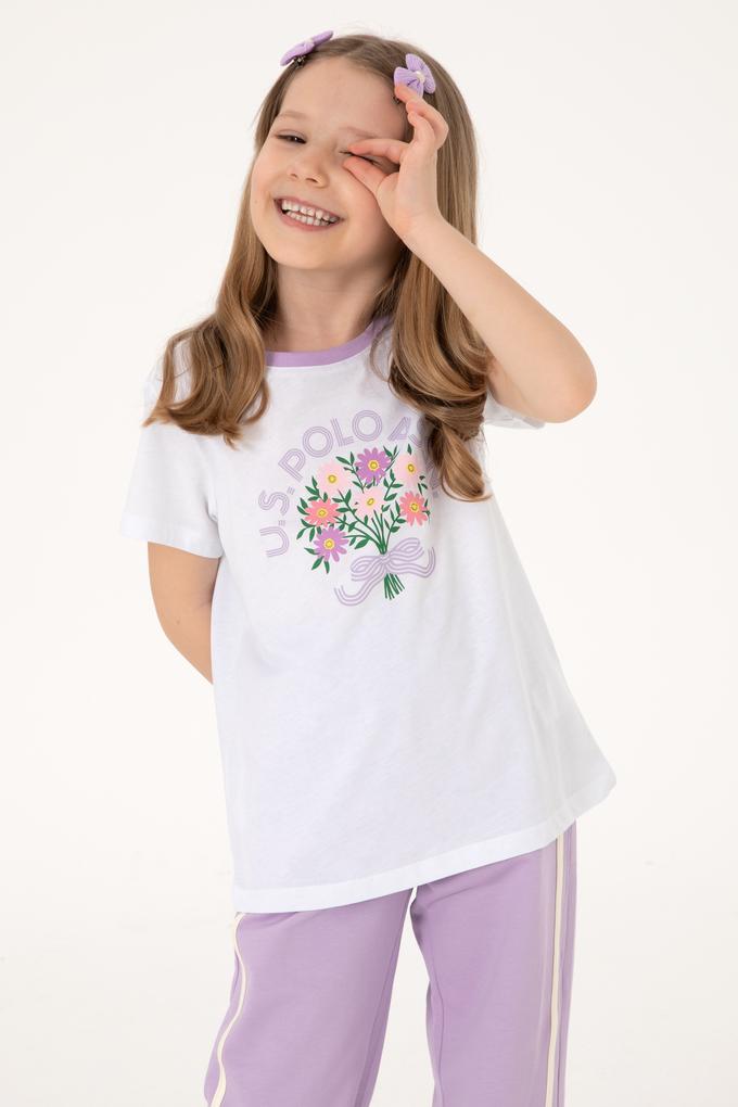 Kız Çocuk Beyaz Bisiklet Yaka Pamuk Çiçek Baskılı Tişört