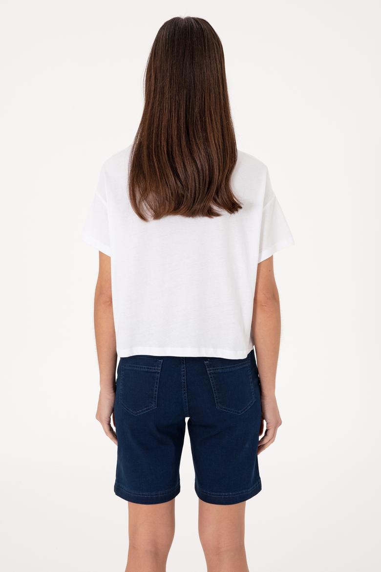 Kadın Beyaz Bisiklet Yaka Tişört - 50299732005