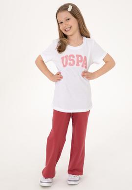 Kız Çocuk Beyaz Bisiklet Yaka Pamuk Simli Uspa Baskılı Basic Tişört - 50306042039