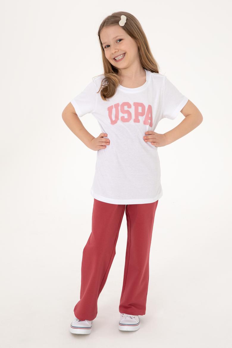 Kız Çocuk Beyaz Bisiklet Yaka Pamuk Simli Uspa Baskılı Basic Tişört - 50306042039