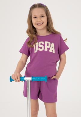 Kız Çocuk Menekşe Bisiklet Yaka Uspa Baskılı Pamuk Tişört - 50306042116