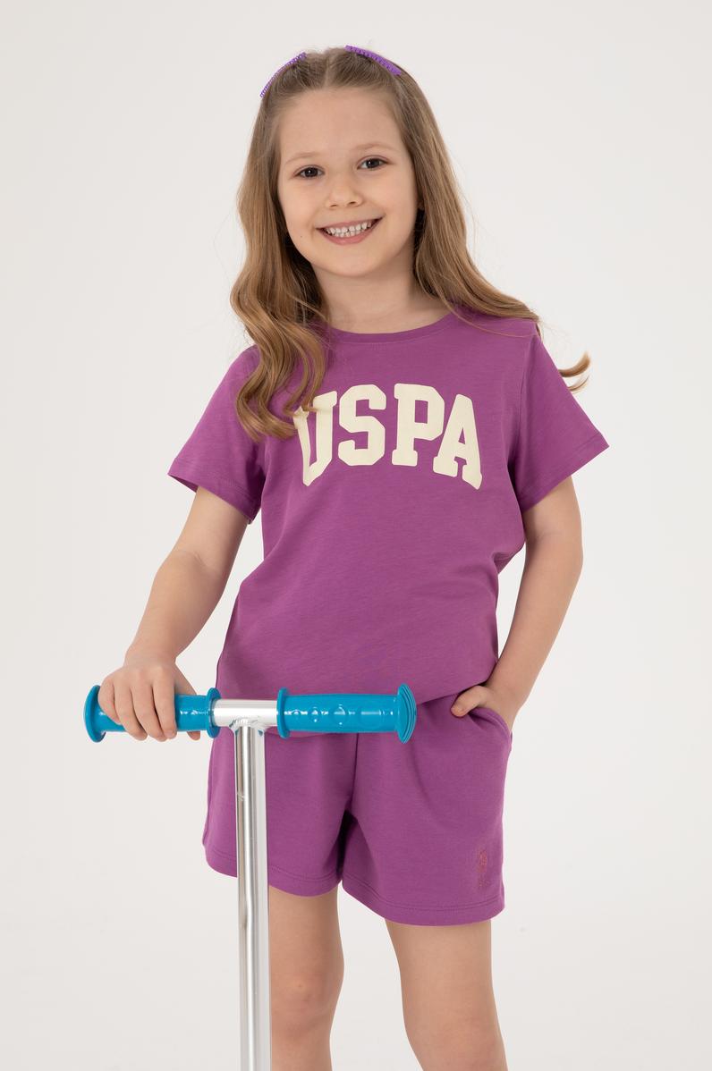 Kız Çocuk Menekşe Bisiklet Yaka Uspa Baskılı Pamuk Tişört