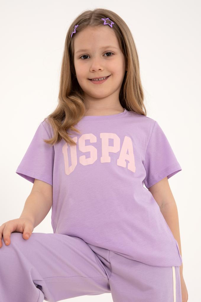 Kız Çocuk Lila Bisiklet Yaka Pamuk Simli Uspa Baskılı Basic Tişört