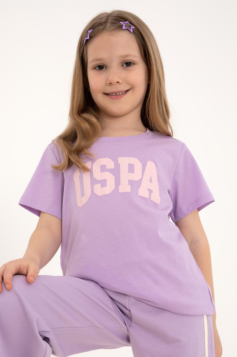 Kız Çocuk Lila Bisiklet Yaka Pamuk Simli Uspa Baskılı Basic Tişört