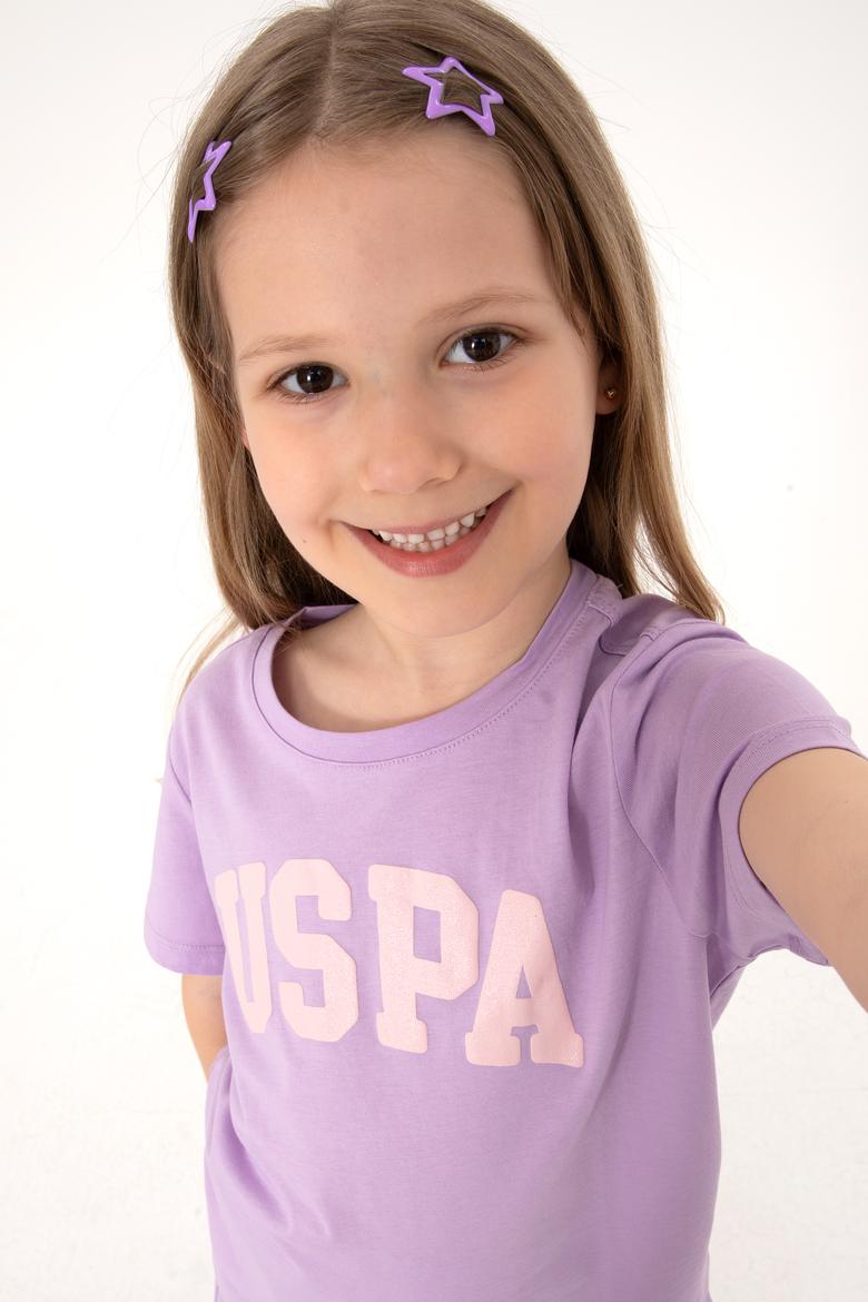 Kız Çocuk Lila Bisiklet Yaka Pamuk Simli Uspa Baskılı Basic Tişört - 50306042065