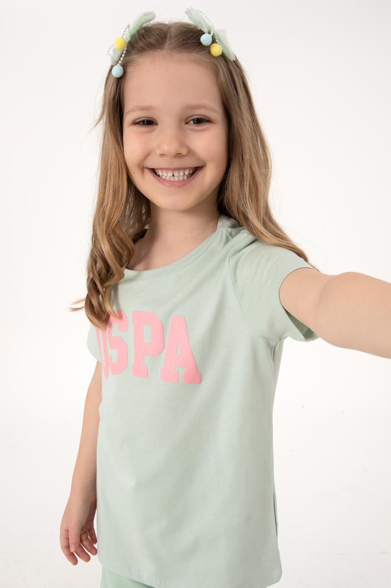 Kız Çocuk Su Yeşili Bisiklet Yaka Pamuk Simli Uspa Baskılı Basic Tişört