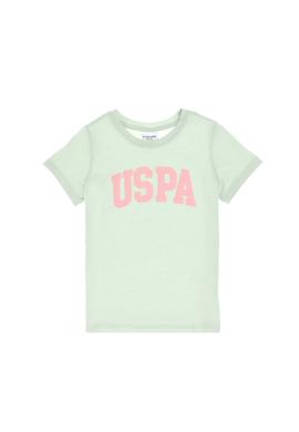 Kız Çocuk Su Yeşili Bisiklet Yaka Pamuk Simli Uspa Baskılı Basic Tişört - 50306042083