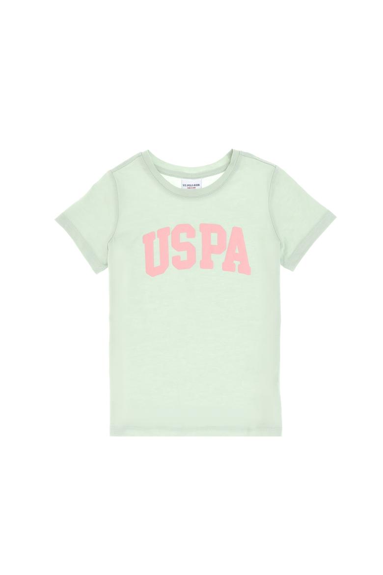 Kız Çocuk Su Yeşili Bisiklet Yaka Pamuk Simli Uspa Baskılı Basic Tişört - 50306042083