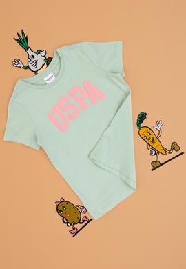 Kız Çocuk Su Yeşili Bisiklet Yaka Pamuk Simli Uspa Baskılı Basic Tişört - 50306042083