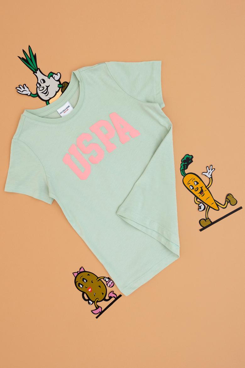 Kız Çocuk Su Yeşili Bisiklet Yaka Pamuk Simli Uspa Baskılı Basic Tişört - 50306042083