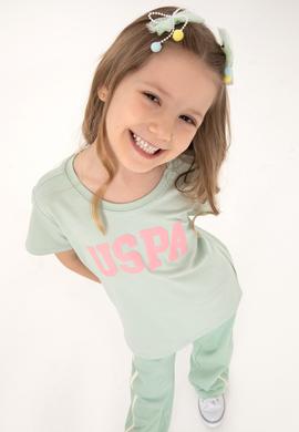 Kız Çocuk Su Yeşili Bisiklet Yaka Pamuk Simli Uspa Baskılı Basic Tişört - 50306042083