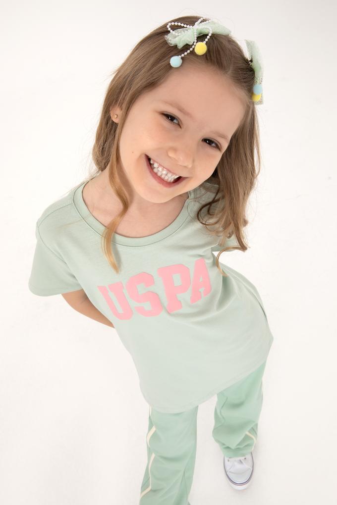 Kız Çocuk Su Yeşili Bisiklet Yaka Pamuk Simli Uspa Baskılı Basic Tişört