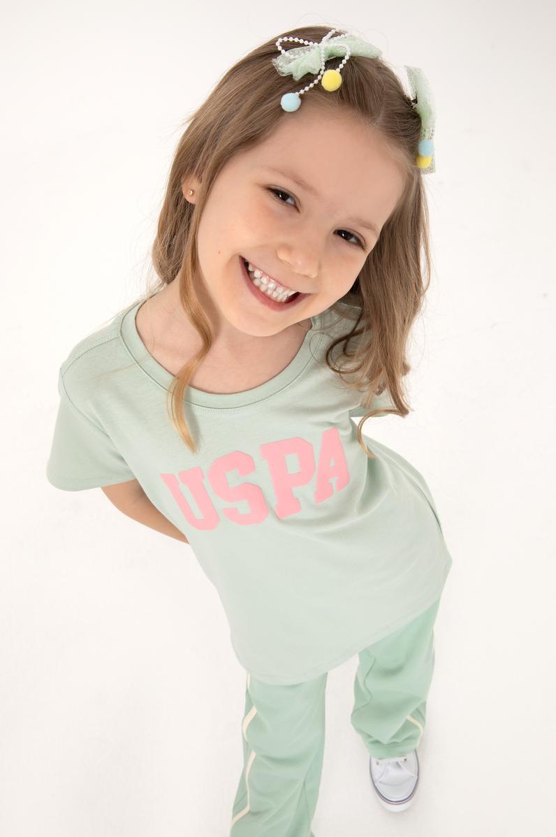 Kız Çocuk Su Yeşili Bisiklet Yaka Pamuk Simli Uspa Baskılı Basic Tişört