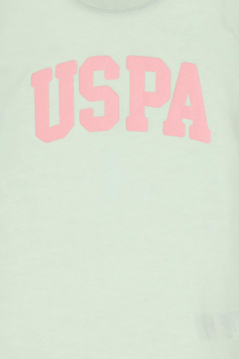 Kız Çocuk Su Yeşili Bisiklet Yaka Pamuk Simli Uspa Baskılı Basic Tişört - 50306042083