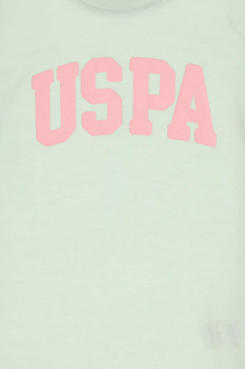 Kız Çocuk Su Yeşili Bisiklet Yaka Pamuk Simli Uspa Baskılı Basic Tişört