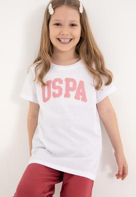 Kız Çocuk Beyaz Bisiklet Yaka Pamuk Simli Uspa Baskılı Basic Tişört - 50306042039