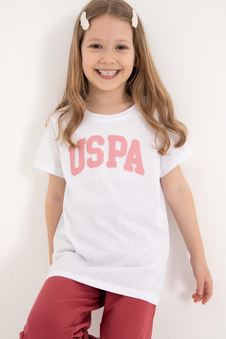 Kız Çocuk Beyaz Bisiklet Yaka Pamuk Simli Uspa Baskılı Basic Tişört