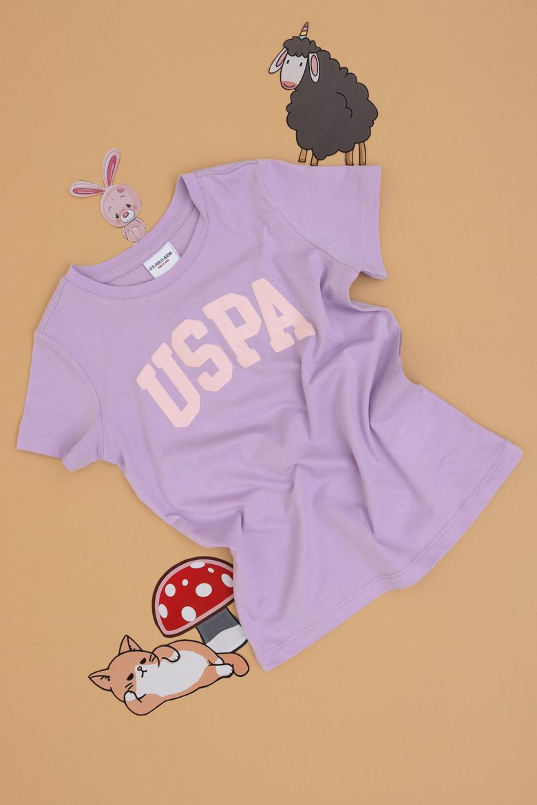 Kız Çocuk Lila Bisiklet Yaka Pamuk Simli Uspa Baskılı Basic Tişört - 50306042065