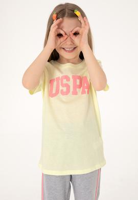 Kız Çocuk Limon Bisiklet Yaka Pamuk Simli Uspa Baskılı Basic Tişört - 50306042103