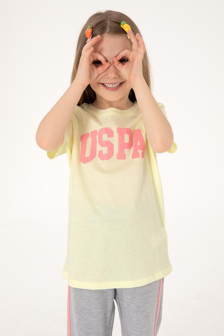 Kız Çocuk Limon Bisiklet Yaka Pamuk Simli Uspa Baskılı Basic Tişört - 50306042103